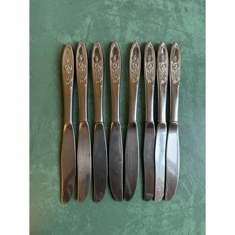Floral Rose Stainless Steel Butter Knife Set Of 8 Unmarked Vintage Cottagecore